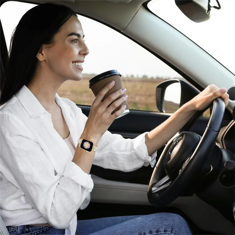 Strass-Dekor Metallarmband für Apple Watch Series 11 10 42 mm / 9 8 7 41 mm / SE3 SE2 SE 6 5 4 40 mm / 3 2 1 38 mm, Zugband-verstellbares Armband – Gold