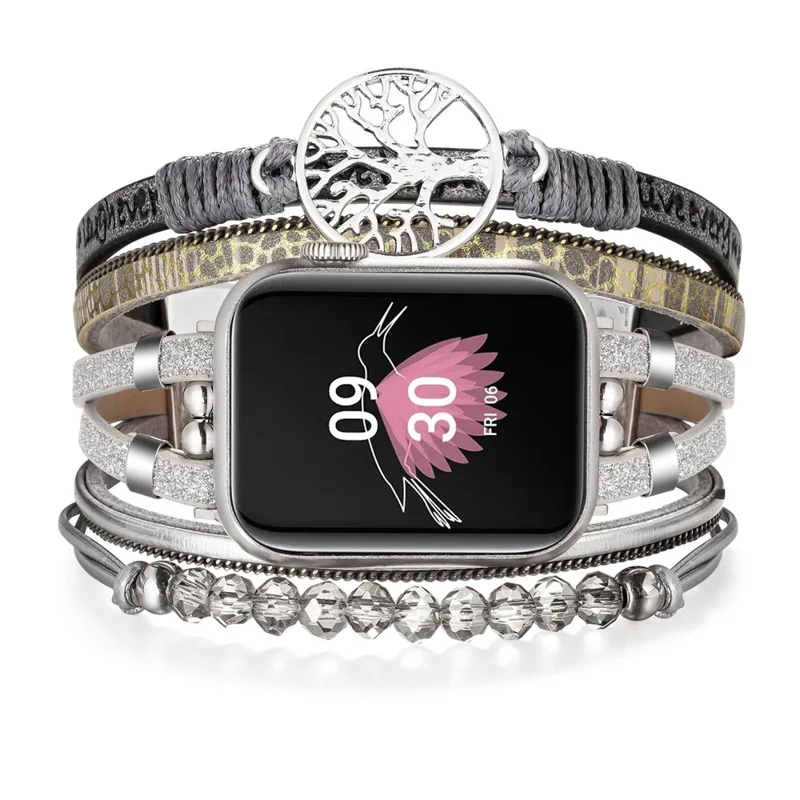 Echtes Leder + Metallarmband für Apple Watch Series 11 10 42mm / 9 8 7 41mm / SE3 SE2 SE 6 5 4 40mm / 3 2 1 38mm Mehrschichtiges Armband mit Faltverschluss – Grau