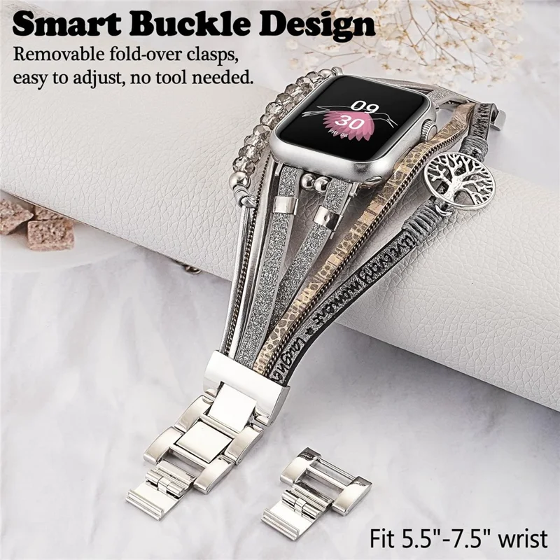 Echtes Leder + Metallarmband für Apple Watch Series 11 10 42mm / 9 8 7 41mm / SE3 SE2 SE 6 5 4 40mm / 3 2 1 38mm Mehrschichtiges Armband mit Faltverschluss – Grau