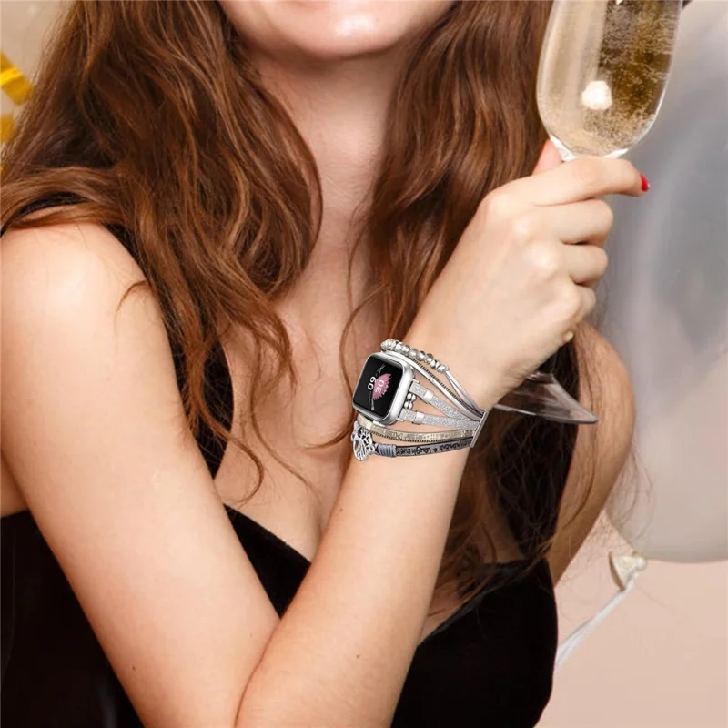 Натуральная кожа + металлический ремешок для Apple Watch Ultra 3 2 1 49 мм / Series 11 10 46 мм / 9 8 7 45 мм / SE3 SE2 SE 6 5 4 44 мм / 3 2 1 42 мм, многослойный браслет с застежкой-флип - Серый