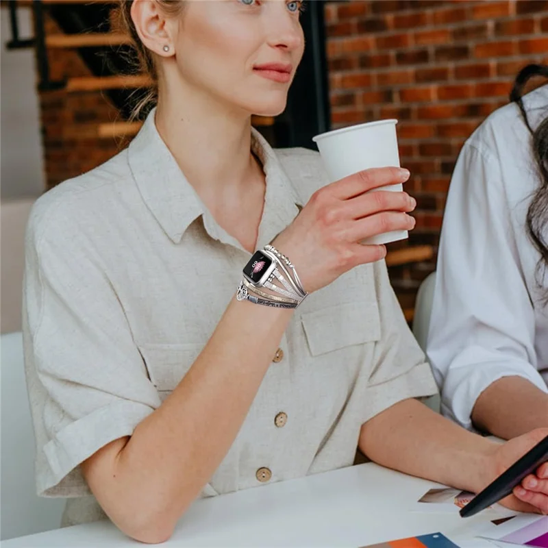 Натуральная кожа + металлический ремешок для Apple Watch Ultra 3 2 1 49 мм / Series 11 10 46 мм / 9 8 7 45 мм / SE3 SE2 SE 6 5 4 44 мм / 3 2 1 42 мм, многослойный браслет с застежкой-флип - Серый