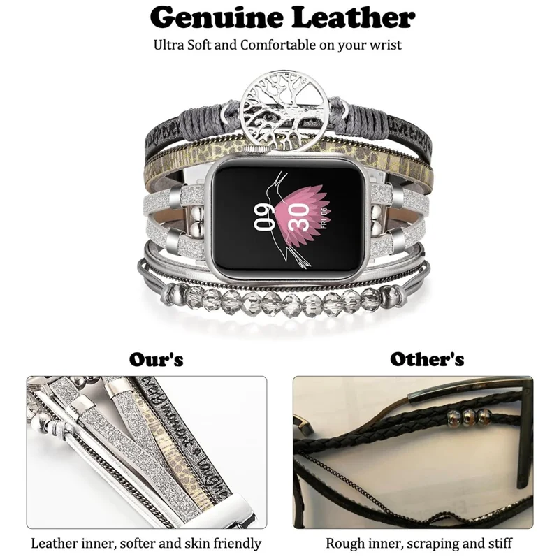 Натуральная кожа + металлический ремешок для Apple Watch Ultra 3 2 1 49 мм / Series 11 10 46 мм / 9 8 7 45 мм / SE3 SE2 SE 6 5 4 44 мм / 3 2 1 42 мм, многослойный браслет с застежкой-флип - Серый