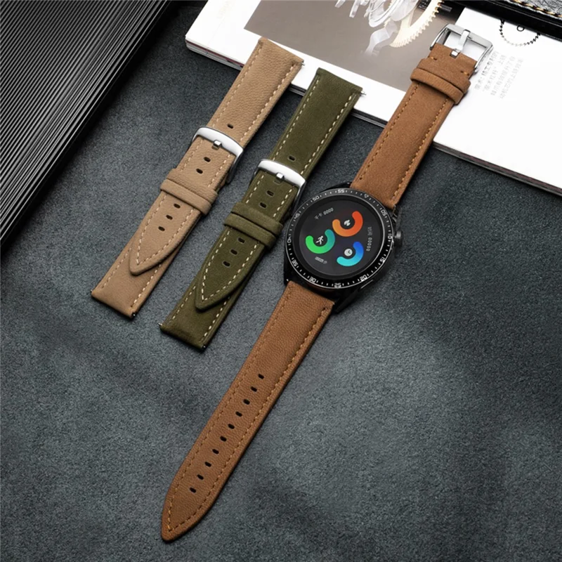 22mm Top Layer Genuine Cow Leather Strap for Huawei Watch GT 5 Pro / 5 / 4 46mm / Samsung Galaxy Watch3 45mm Quick Release Watch Band - Army Green