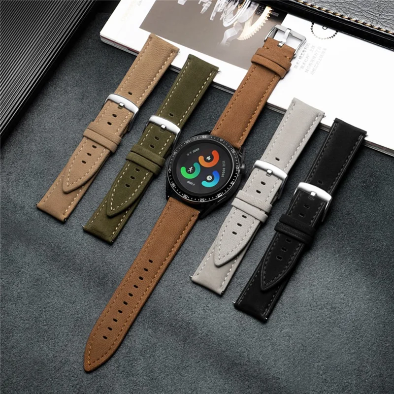 22mm Top Layer Genuine Cow Leather Strap for Huawei Watch GT 5 Pro / 5 / 4 46mm / Samsung Galaxy Watch3 45mm Quick Release Watch Band - Army Green