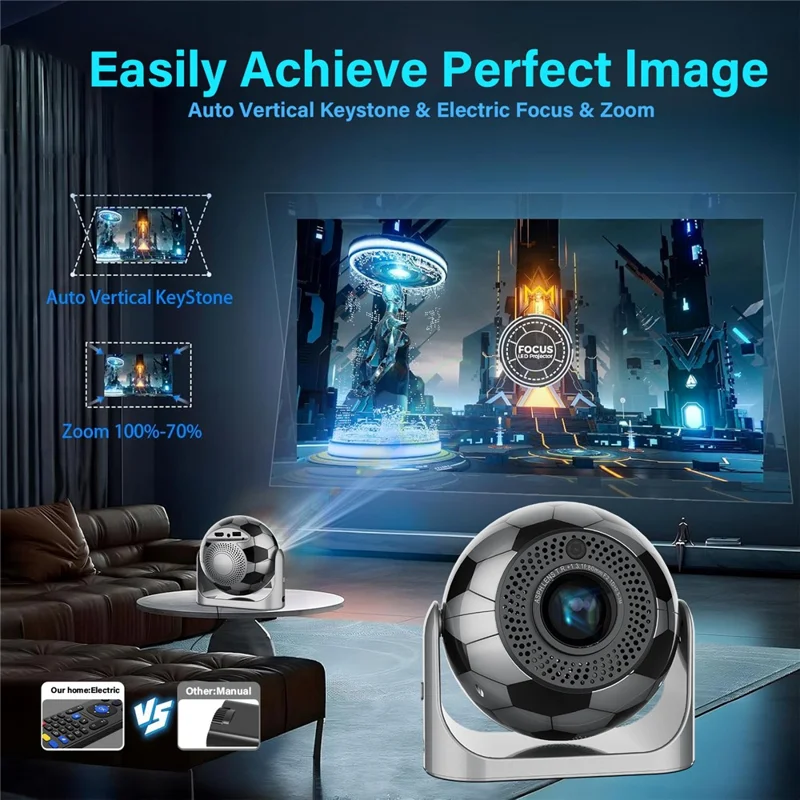 JY360 Football Shape Portable Projector Android 13.0 Auto Focus Mini Projector 2.4G  /  5G WiFi 6 for Home Theater - Iron Grey  /  US Plug