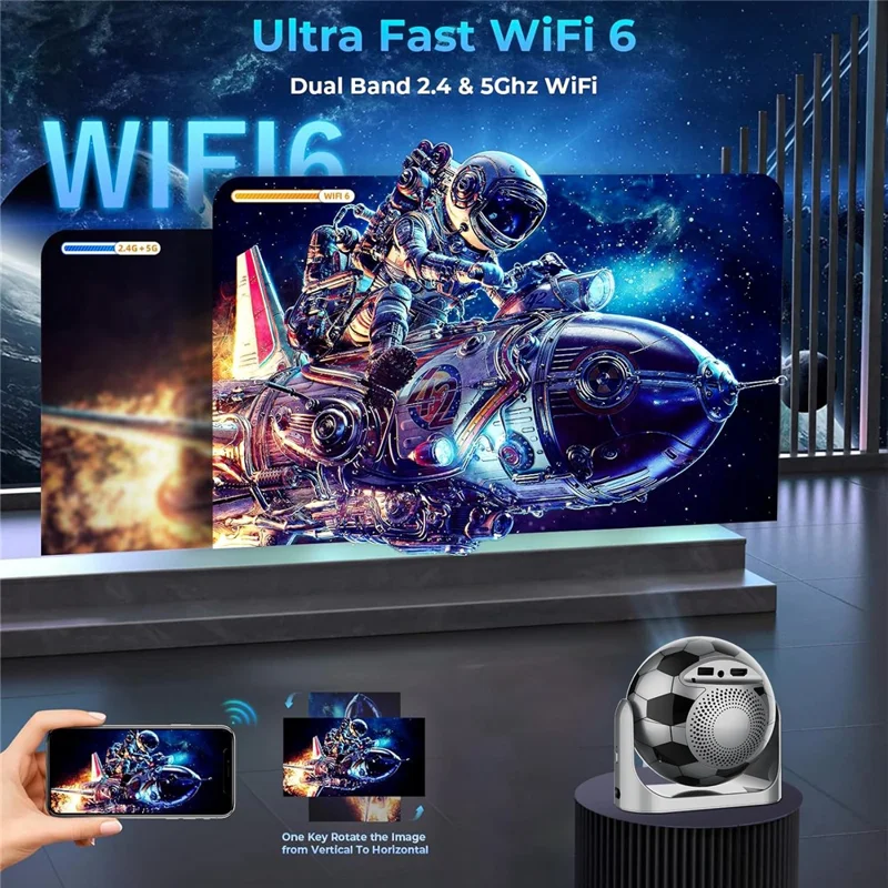 JY360 Football Shape Portable Projector Android 13.0 Auto Focus Mini Projector 2.4G  /  5G WiFi 6 for Home Theater - Iron Grey  /  US Plug