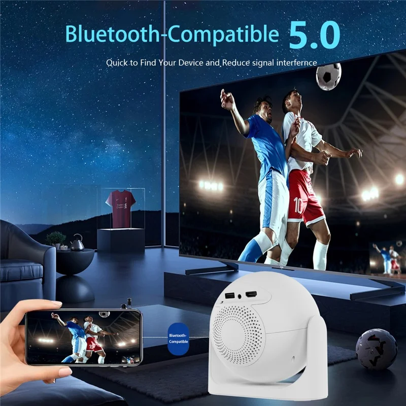 JY360 Football Shape Portable Projector Android 13.0 Auto Focus Mini Projector 2.4G  /  5G WiFi 6 for Home Theater - White  /  US Plug
