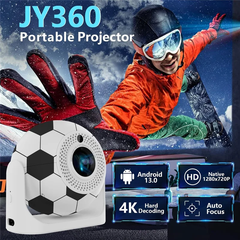 JY360 Football Shape Portable Projector Android 13.0 Auto Focus Mini Projector 2.4G  /  5G WiFi 6 for Home Theater - White Grey  /  EU Plug