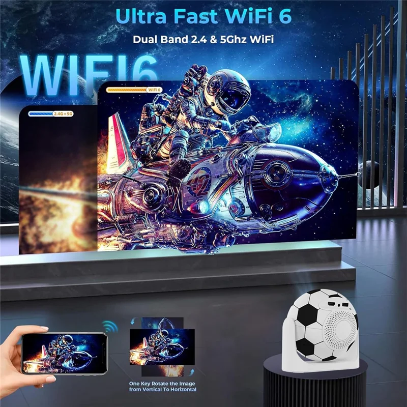 JY360 Football Shape Portable Projector Android 13.0 Auto Focus Mini Projector 2.4G  /  5G WiFi 6 for Home Theater - White Grey  /  EU Plug
