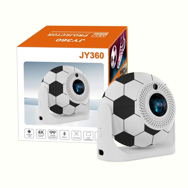 JY360 Football Shape Portable Projector Android 13.0 Auto Focus Mini Projector 2.4G  /  5G WiFi 6 for Home Theater - White Grey  /  EU Plug