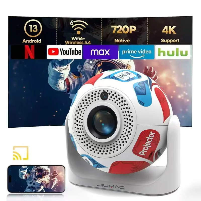 JY360 Football Shape Portable Projector Android 13.0 Auto Focus Mini Projector 2.4G  /  5G WiFi 6 for Home Theater - Red Blue / US Plug