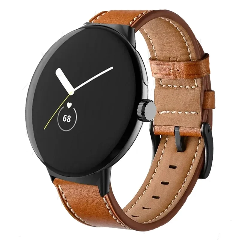 Fiber Leather Watch Band for Google Pixel Watch 4 45mm / Watch 3 45mm Stitching Line Quick Release Replacement Strap - Brown