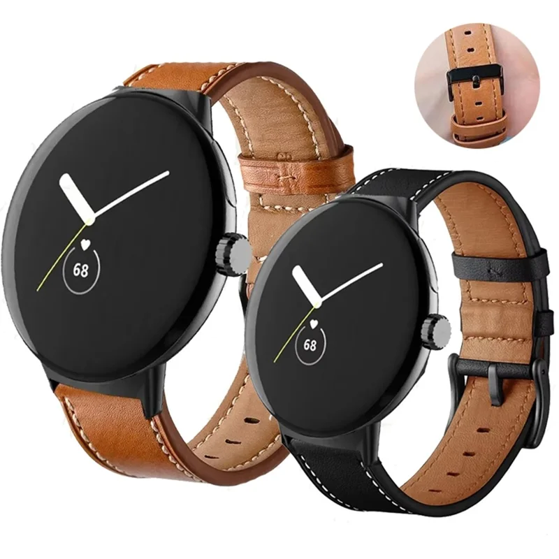 Fiber Leather Watch Band for Google Pixel Watch 4 45mm / Watch 3 45mm Stitching Line Quick Release Replacement Strap - Brown