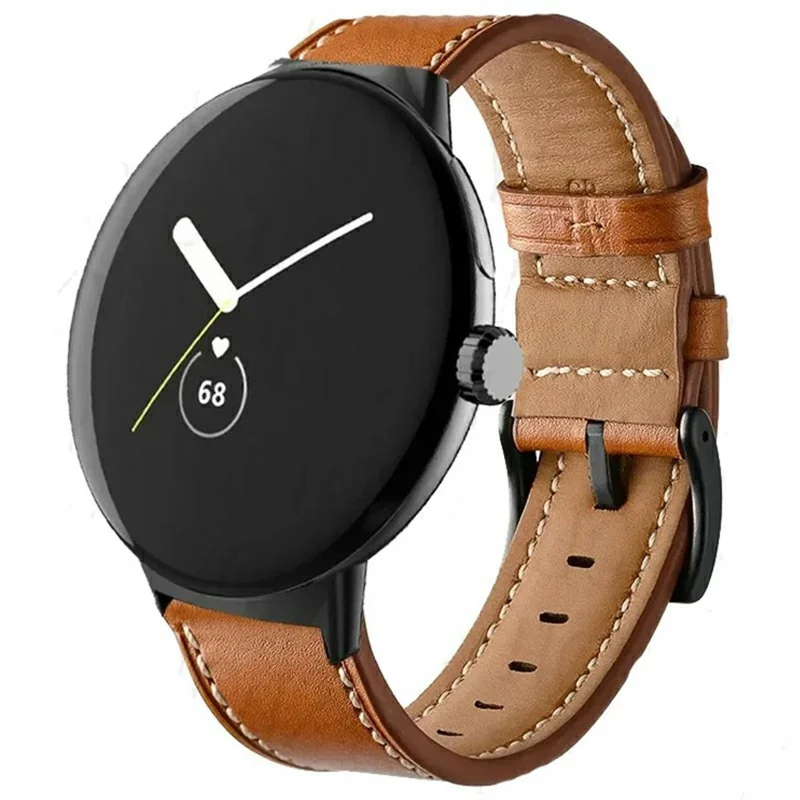 Fiber Leather Watch Band for Google Pixel Watch 4 41mm / 3 41mm / Watch 2 / Watch Stitching Line Quick Release Replacement Strap - Brown
