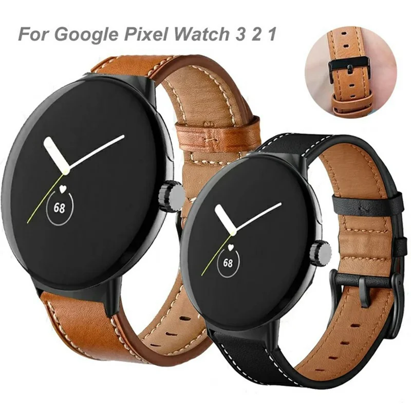 Fiber Leather Watch Band for Google Pixel Watch 4 41mm / 3 41mm / Watch 2 / Watch Stitching Line Quick Release Replacement Strap - Brown