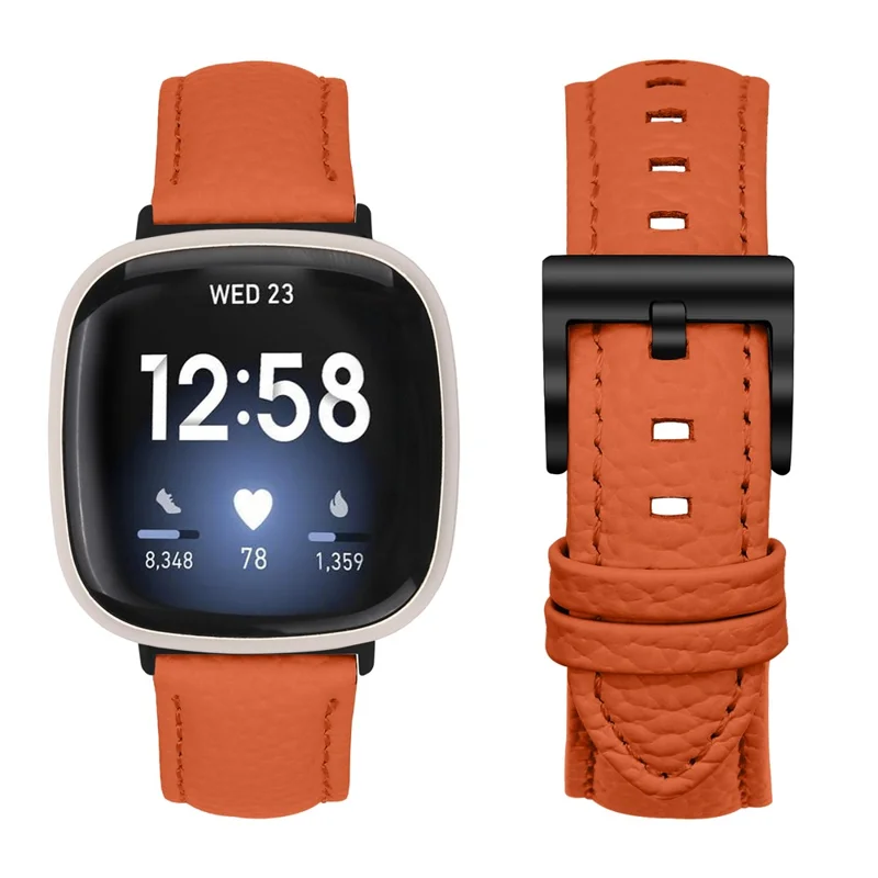 Litchi Textured Genuine Cow Leather Strap with Electroplated Buckle for Fitbit Versa 3 / Sense Pointed-End Watch Band - Orange / Black