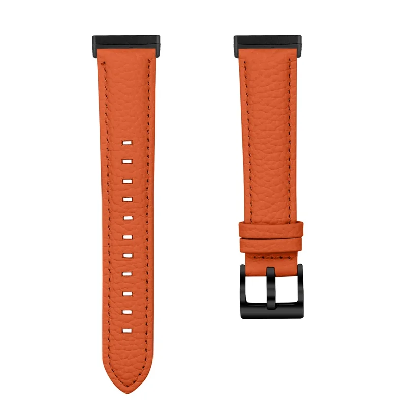 Litchi Textured Genuine Cow Leather Strap with Electroplated Buckle for Fitbit Versa 3 / Sense Pointed-End Watch Band - Orange / Black