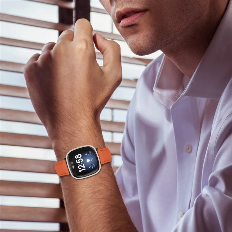 Litchi Textured Genuine Cow Leather Strap with Electroplated Buckle for Fitbit Versa 3 / Sense Pointed-End Watch Band - Orange / Black