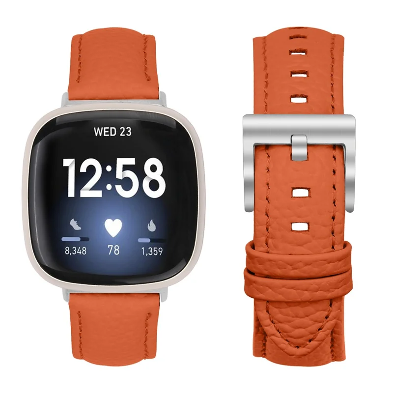 Litchi Textured Genuine Leather Strap for Fitbit Versa 4 / Sense 2 Pointed-End Watch Band with Silver Buckle - Orange