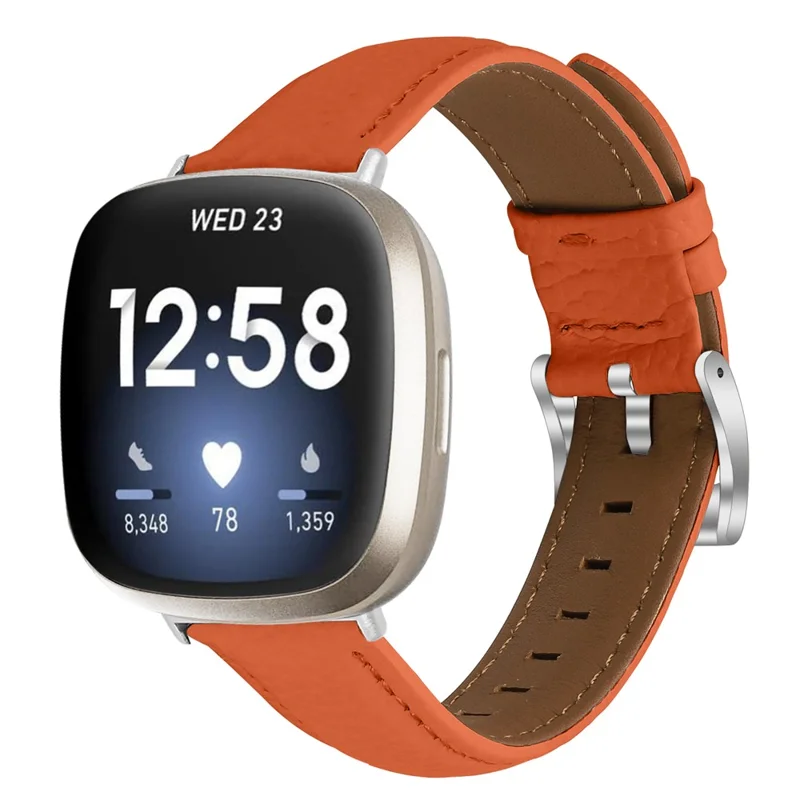 Litchi Textured Genuine Leather Strap for Fitbit Versa 4 / Sense 2 Pointed-End Watch Band with Silver Buckle - Orange