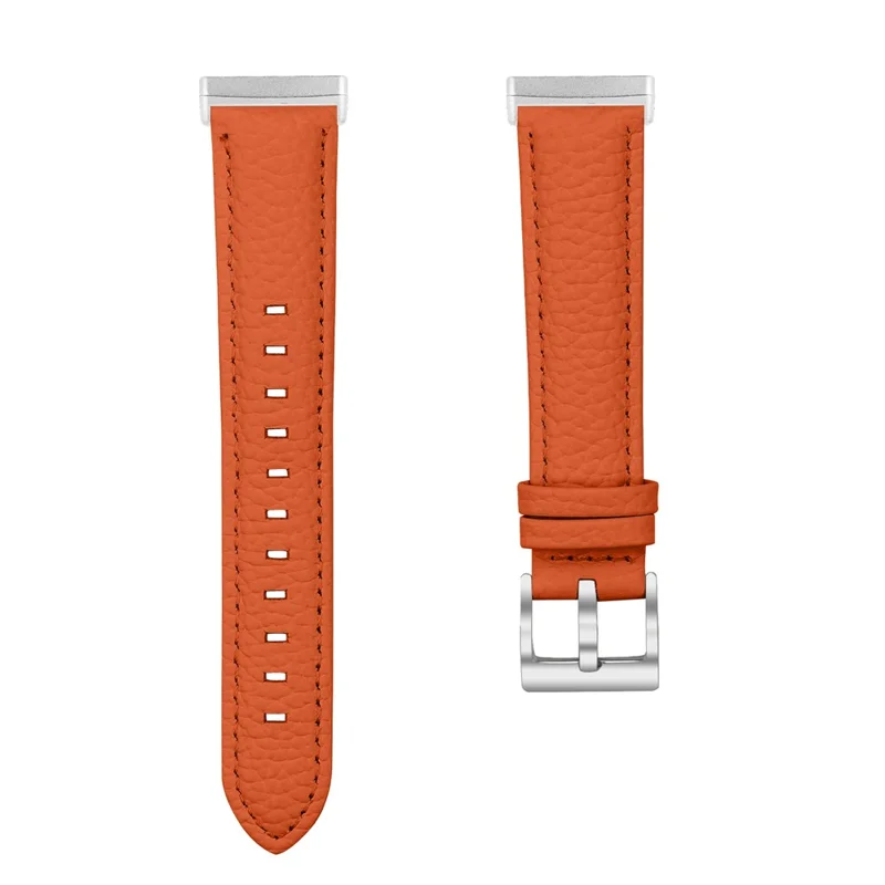 Litchi Textured Genuine Leather Strap for Fitbit Versa 4 / Sense 2 Pointed-End Watch Band with Silver Buckle - Orange