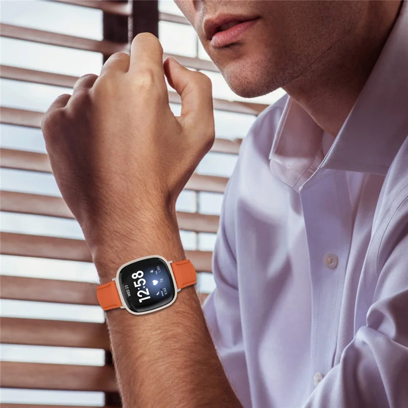 Litchi Textured Genuine Leather Strap for Fitbit Versa 4 / Sense 2 Pointed-End Watch Band with Silver Buckle - Orange