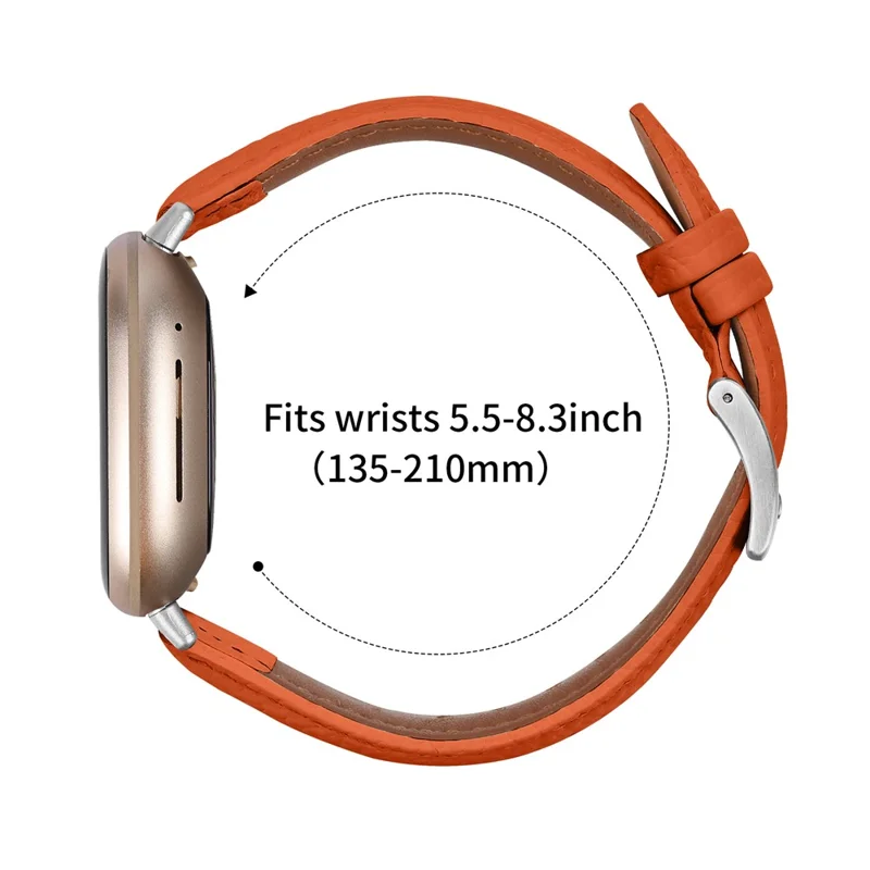 Litchi Textured Genuine Leather Strap for Fitbit Versa 4 / Sense 2 Pointed-End Watch Band with Silver Buckle - Orange