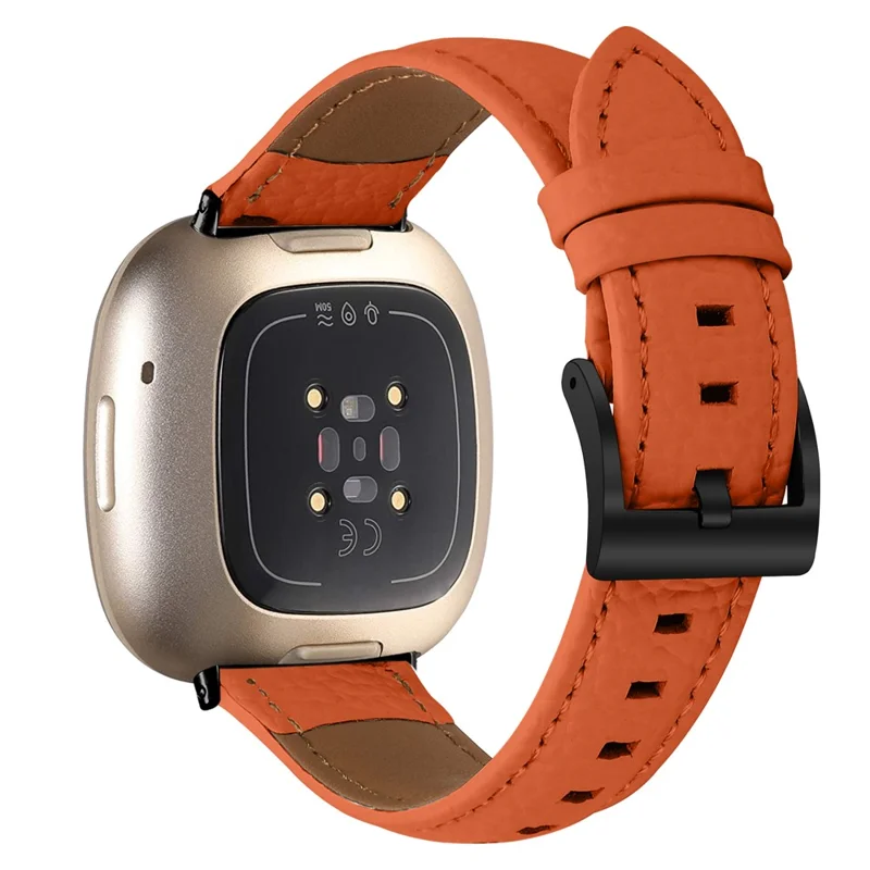Litchi Textured Genuine Cow Leather Strap with Electroplated Buckle for Fitbit Versa 4  /  Sense 2 Pointed-End Watch Band - Orange / Black