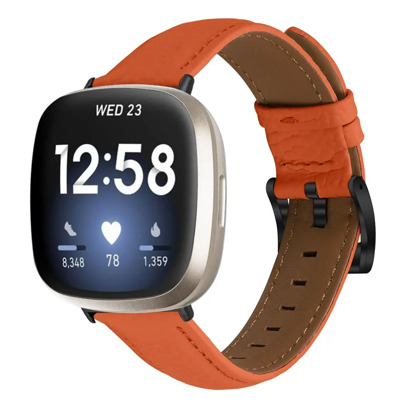 Litchi Textured Genuine Cow Leather Strap with Electroplated Buckle for Fitbit Versa 4  /  Sense 2 Pointed-End Watch Band - Orange / Black