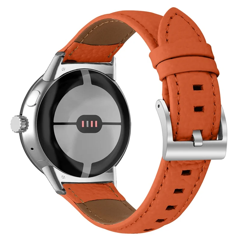 Litchi Textured Genuine Leather Strap for Google Pixel Watch 4 / 3 / 2 / Watch 41mm Pointed-End Watch Band with Silver Buckle - Orange