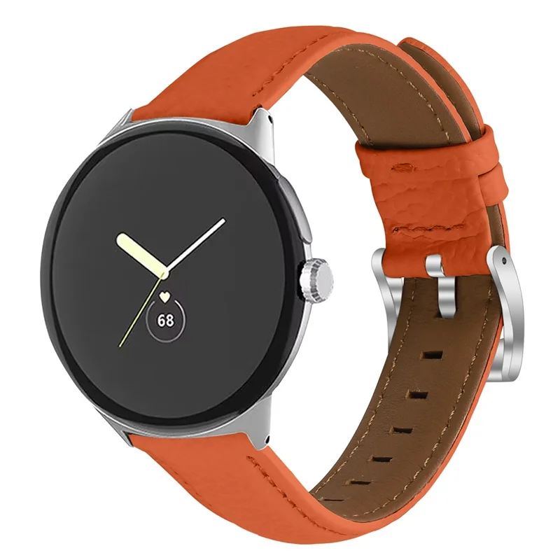 Litchi Textured Genuine Leather Strap for Google Pixel Watch 4 / 3 / 2 / Watch 41mm Pointed-End Watch Band with Silver Buckle - Orange