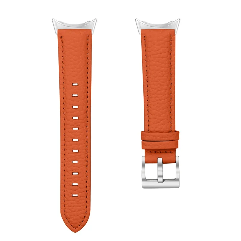 Litchi Textured Genuine Leather Strap for Google Pixel Watch 4 / 3 / 2 / Watch 41mm Pointed-End Watch Band with Silver Buckle - Orange