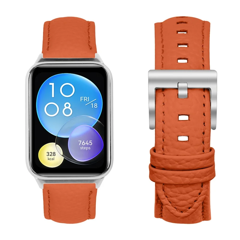 Cinturino in vera pelle con texture a litchi per Xiaomi Smart Band 9 Pro / 8 Pro, cinturino per orologio con punta arrotondata e fibbia argento - Arancione