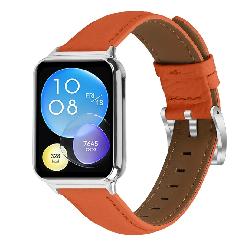 Cinturino in vera pelle con texture a litchi per Xiaomi Smart Band 9 Pro / 8 Pro, cinturino per orologio con punta arrotondata e fibbia argento - Arancione