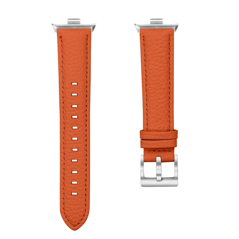 Cinturino in vera pelle con texture a litchi per Xiaomi Smart Band 9 Pro / 8 Pro, cinturino per orologio con punta arrotondata e fibbia argento - Arancione