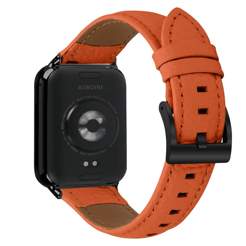 Cinturino in vera pelle con texture荔 (Litchi) e fibbia elettrodeposizionata per Xiaomi Smart Band 9 Pro / 8 Pro, cinturino con estremità appuntita - Arancione / Nero
