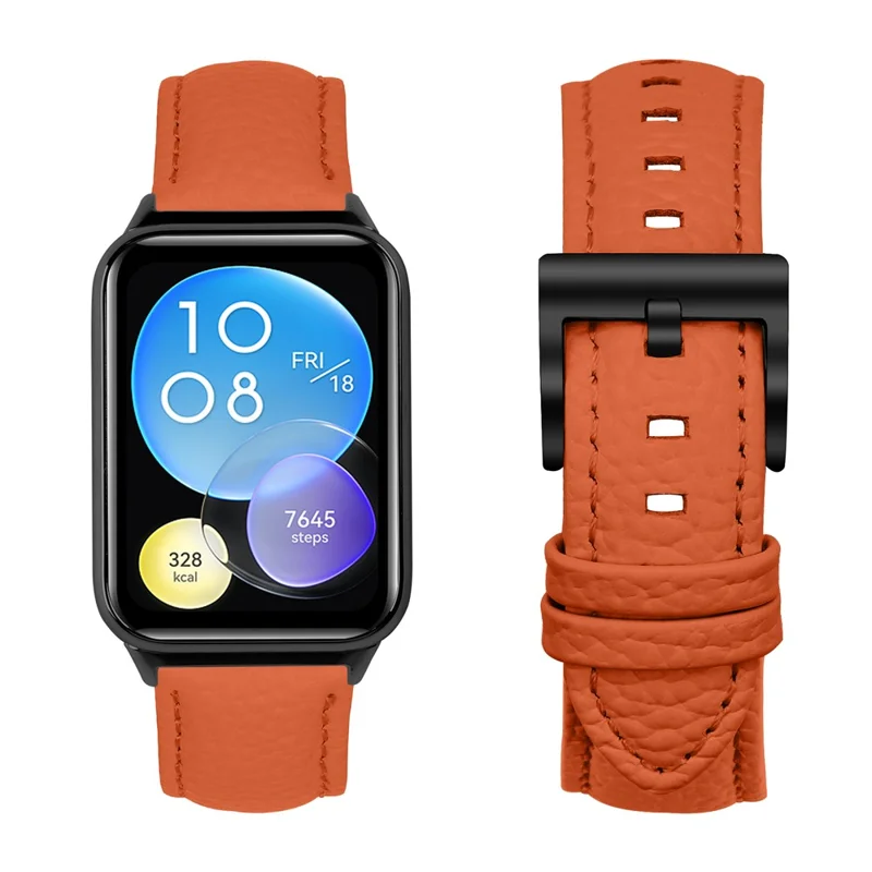 Cinturino in vera pelle con texture荔 (Litchi) e fibbia elettrodeposizionata per Xiaomi Smart Band 9 Pro / 8 Pro, cinturino con estremità appuntita - Arancione / Nero