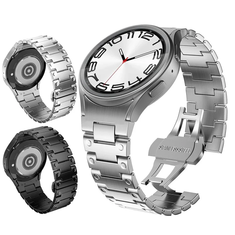 Quick Release Button Metal Strap for Samsung Galaxy Watch7 / 6 / 5 / 4 40mm 44mm Mechanical Style Watch Band with Butterfly Clasp - Black