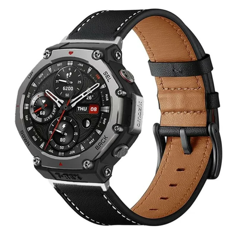 Fiber Leather Watch Band for Huami Amazfit T-Rex 3 Stitching Line Quick Release Replacement Strap - Black