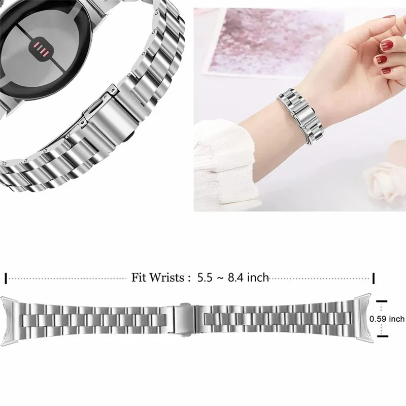 3-Bead Stainless Steel Band for Google Pixel Watch 3 41mm / Watch 2 / Watch Removable Links Adjustable Watch Strap - Silver