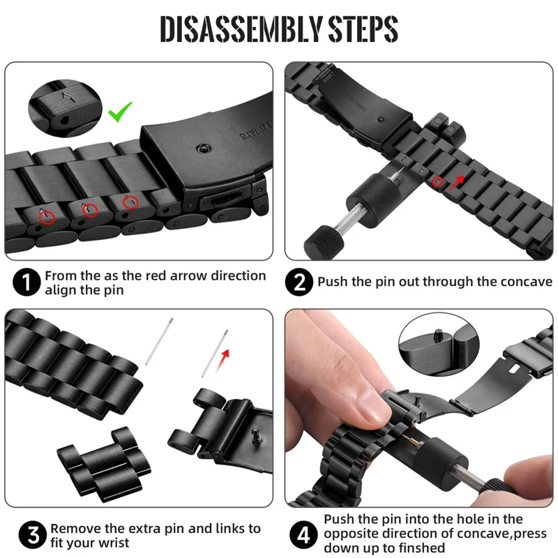 26mm 3-Bead Watch Band for Garmin Fenix 8 Pro AMOLED 51mm  /  8 51mm  /  Enduro 3  /  Enduro 2 Stainless Steel Replacement Strap with Folding Clasp - Black
