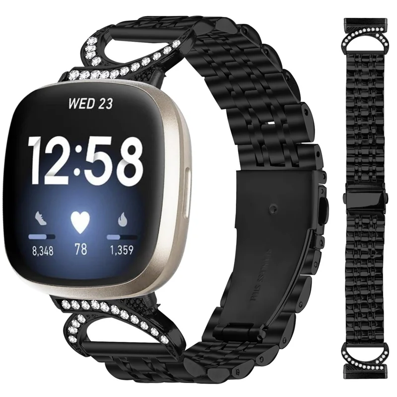 For Fitbit Versa 3 / Sense Strap Seven Bead Stainless Steel Watch Band with Rhinestone Ox Horn Style Connector - Black