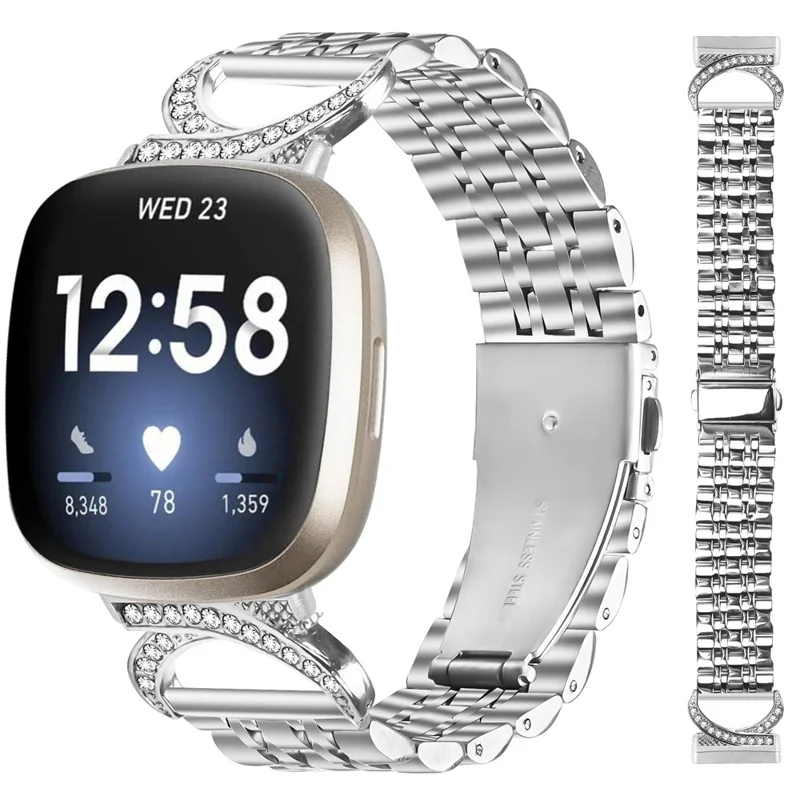 For Fitbit Versa 4 / Sense 2 Watch Band Seven Bead Stainless Steel Strap with Rhinestone Ox Horn Style Connector - Silver