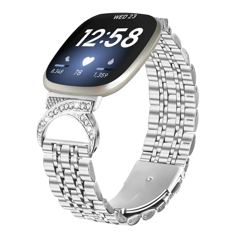 For Fitbit Versa 4 / Sense 2 Watch Band Seven Bead Stainless Steel Strap with Rhinestone Ox Horn Style Connector - Silver
