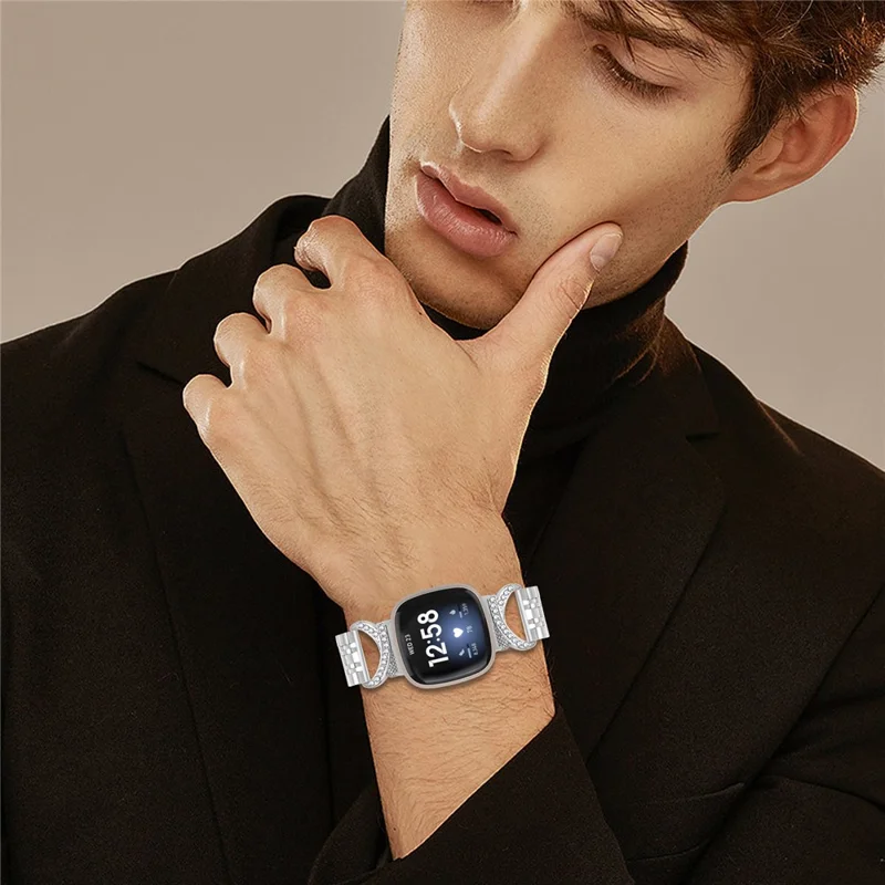 For Fitbit Versa 4 / Sense 2 Watch Band Seven Bead Stainless Steel Strap with Rhinestone Ox Horn Style Connector - Silver
