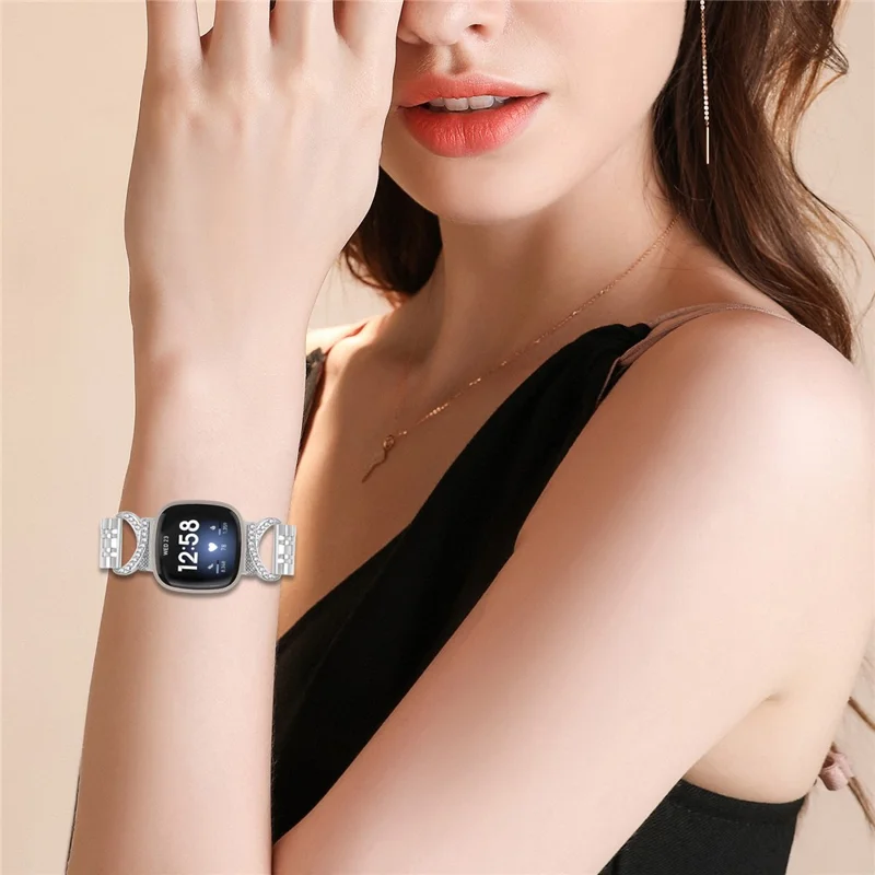 For Fitbit Versa 4 / Sense 2 Watch Band Seven Bead Stainless Steel Strap with Rhinestone Ox Horn Style Connector - Silver