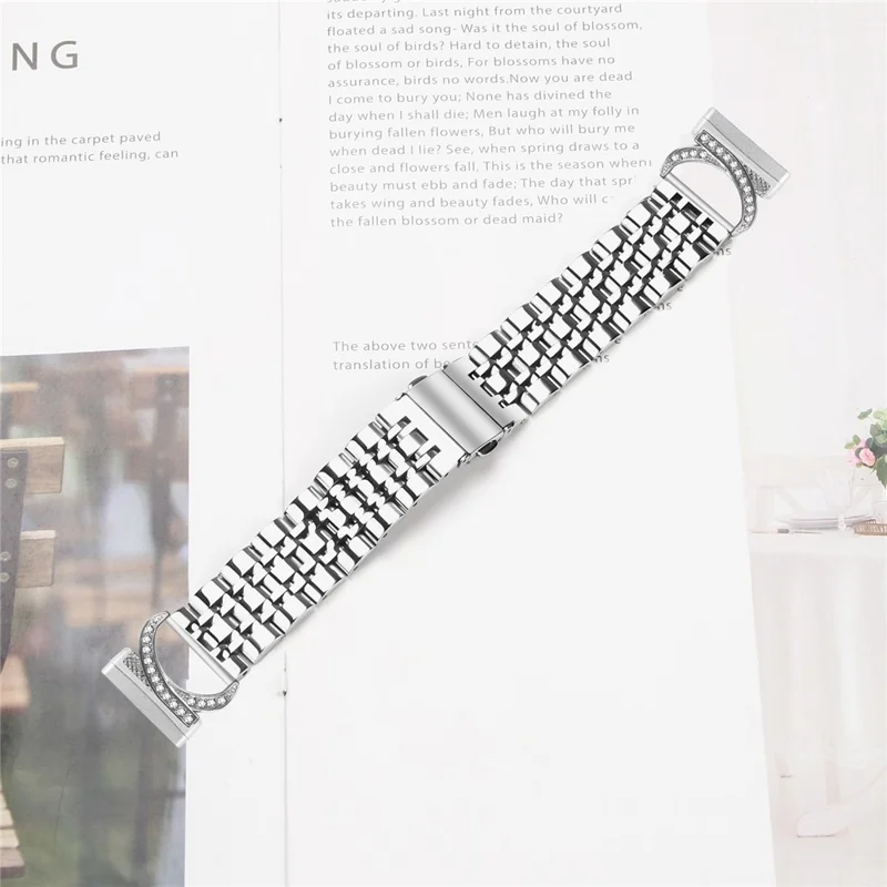 For Fitbit Versa 4 / Sense 2 Watch Band Seven Bead Stainless Steel Strap with Rhinestone Ox Horn Style Connector - Silver