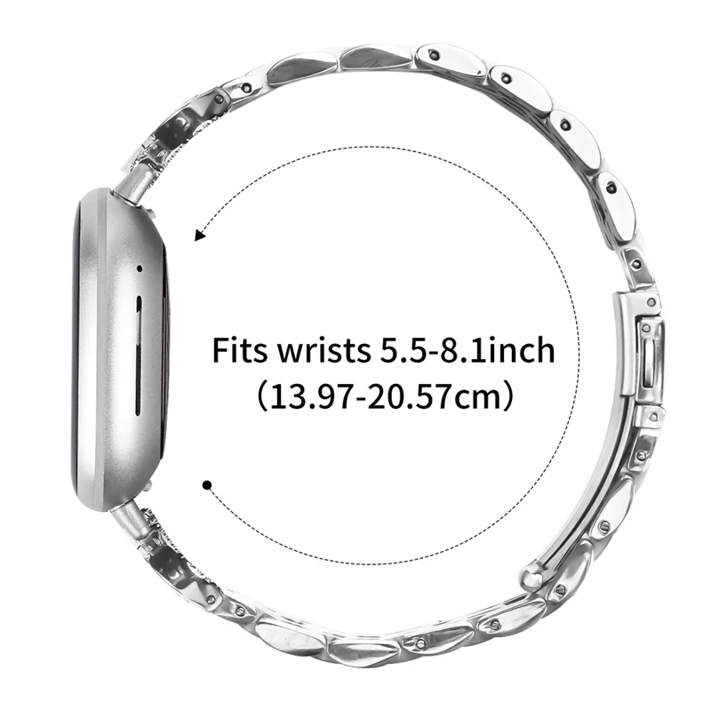 For Fitbit Versa 4 / Sense 2 Watch Band Seven Bead Stainless Steel Strap with Rhinestone Ox Horn Style Connector - Silver
