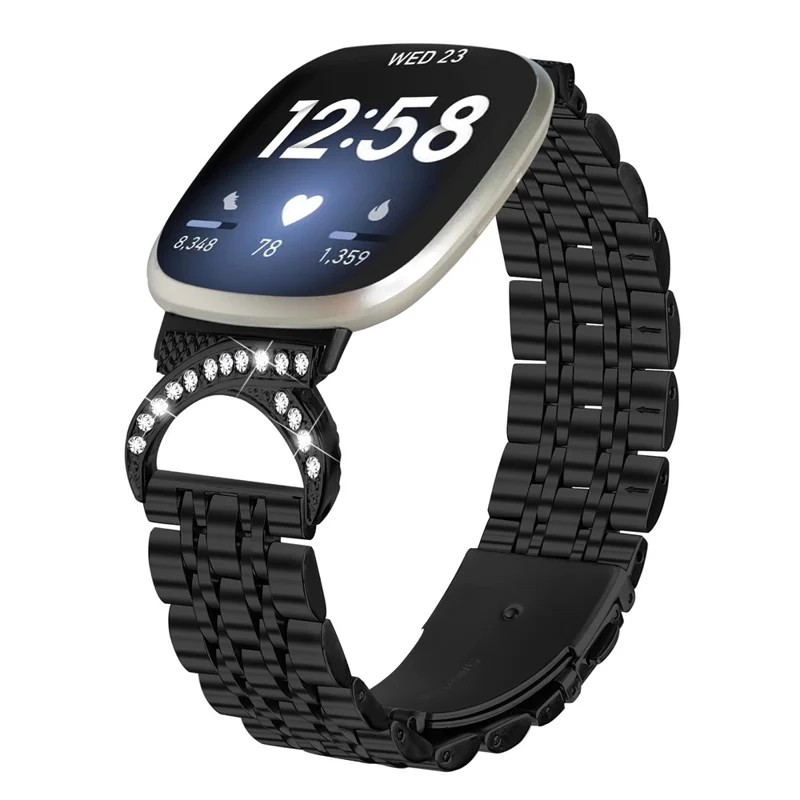 For Fitbit Versa 4 / Sense 2 Strap Seven Bead Stainless Steel Watch Band with Rhinestone Ox Horn Style Connector - Black