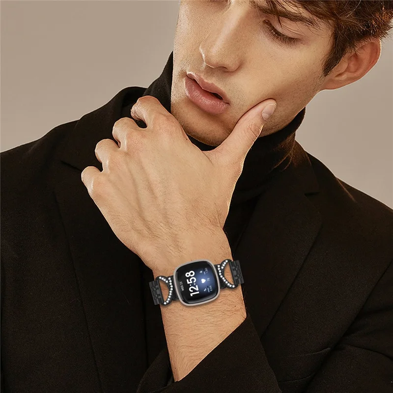For Fitbit Versa 4 / Sense 2 Strap Seven Bead Stainless Steel Watch Band with Rhinestone Ox Horn Style Connector - Black